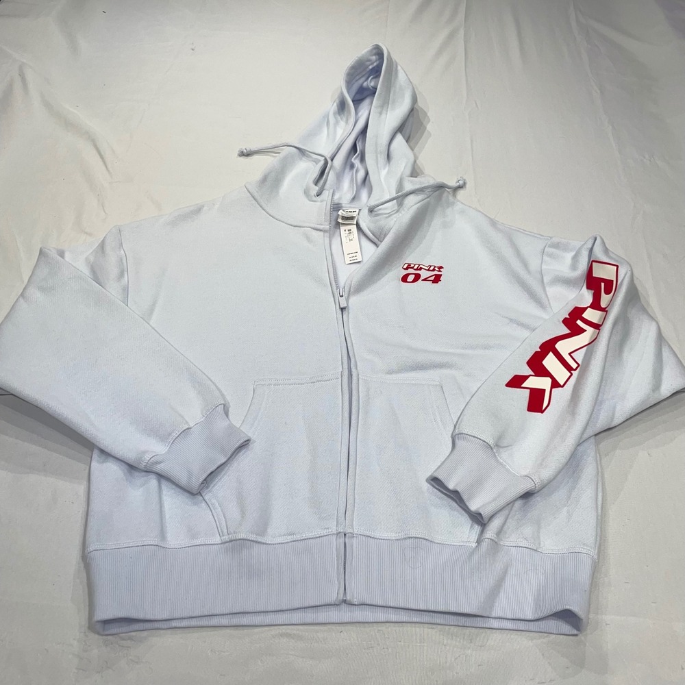 Victoria's Secret PINK Zip Up Hoodie Light Blue Red Graphic Logo XS NWT